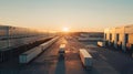 Tranquil Sunrise Over Industrial Freight Area with Trucks and Warehouses. Reflecting the Beauty of Industrial Work