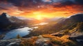 Tranquil sunrise over misty forest and mountain landscape. generated by AI tool Royalty Free Stock Photo