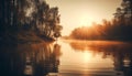 Tranquil sunrise over rural pond, yellow grass generated by AI