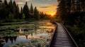 Tranquil sunrise over wooden pathway in the picturesque summer swamp environment