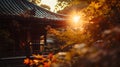 Tranquil sunrise peeking through autumn leaves at a traditional asian temple. serene fall morning. AI Royalty Free Stock Photo