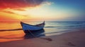 Tranquil Beach Sunset: Boat on the Horizon. Generative AI