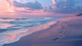 Tranquil sunset beach with pastel sky, calm waves, footprints in high res realistic style Royalty Free Stock Photo