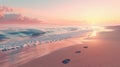Tranquil sunset beach, pastel sky, calm waves, realistic style, footprints in sand, long exposure Royalty Free Stock Photo