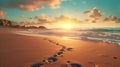 Tranquil sunset beach scene with gentle waves and footprints on the sandy shore at dusk Royalty Free Stock Photo