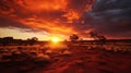 Tranquil Sunset: Dramatic Red Sky over Peaceful Landscape generated by AI tool