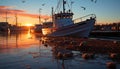 Tranquil sunset, fishing boat sails on tranquil water generated by AI Royalty Free Stock Photo