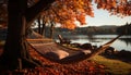 Tranquil sunset, hammock resting on autumn tree, nature beauty generated by AI Royalty Free Stock Photo