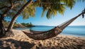 Tranquil sunset, hammock swinging, palm trees, turquoise waters, tropical paradise generated by AI Royalty Free Stock Photo