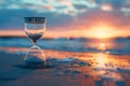 Tranquil sunset with hourglass on sandy beach reflecting time and serenity Royalty Free Stock Photo