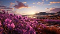 Tranquil sunset meadow, purple flowers bloom in nature beauty generated by AI