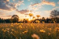 Tranquil sunset meadow with soft focus on yellow flowers