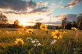 Tranquil sunset meadow with soft focus on yellow flowers