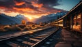 Tranquil sunset, mountain peak, railroad track, nature beauty vanishing generated by AI Royalty Free Stock Photo