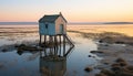 Tranquil sunset over abandoned boathouse reflects beauty in nature generated by AI Royalty Free Stock Photo