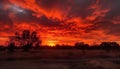 Tranquil sunset over African savannah, backlit acacia tree silhouette generated by AI Royalty Free Stock Photo