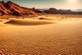 Tranquil Sunset over Arid Desert Landscape with Sand Dunes and Wildflowers Royalty Free Stock Photo