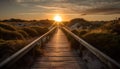 Tranquil sunset over idyllic coastline, boardwalk and yellow plank bridge generated by AI