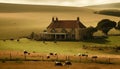 Tranquil sunset over idyllic dairy farm with grazing cattle generated by AI Royalty Free Stock Photo