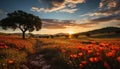 Tranquil sunset over meadow, vibrant colors of nature generated by AI Royalty Free Stock Photo