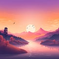 tranquil sunset over a minimalist mountainous landscape with a reflective lake