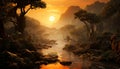 Tranquil sunset over mountain peak, reflecting in calm water generated by AI Royalty Free Stock Photo