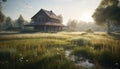 Tranquil sunset over old rustic chapel in rural mountain landscape generated by AI