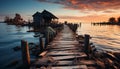 Tranquil sunset over old wooden jetty, reflecting on calm water generated by AI Royalty Free Stock Photo