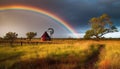 Tranquil sunset over rainbow meadow, windmill and rustic fence generated by AI Royalty Free Stock Photo