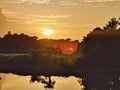 Tranquil sunset over a reflective lake surrounded by verdant forest scenery Royalty Free Stock Photo