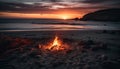 Tranquil sunset over rocky coastline, flames dance on campfire generated by AI