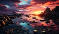 Tranquil sunset over rocky coastline, nature beauty generated by AI Royalty Free Stock Photo