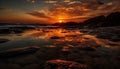 Tranquil sunset over rocky coastline, reflecting orange sky on water generated by AI Royalty Free Stock Photo