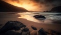 Tranquil sunset over rocky coastline, waves crash on sand generated by AI Royalty Free Stock Photo