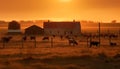 A tranquil sunset over a rural farm with grazing cattle generated by AI Royalty Free Stock Photo