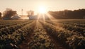 Tranquil sunset over rural landscape, wind turbines harnessing nature power