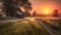 Tranquil sunset over rustic farm, old fence and yellow meadow generated by AI Royalty Free Stock Photo