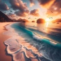 Tranquil Sunset Over Serene Tropical Beach With Gentle Waves and Soaring Seabirds