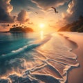 Tranquil Sunset Over Serene Tropical Beach With Gentle Waves and Soaring Seabirds