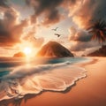 Tranquil Sunset Over Serene Tropical Beach With Gentle Waves and Soaring Seabirds