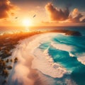 Tranquil Sunset Over Serene Tropical Beach With Gentle Waves and Soaring Seabirds