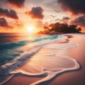 Tranquil Sunset Over Serene Tropical Beach With Gentle Waves and Soaring Seabirds