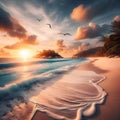 Tranquil Sunset Over Serene Tropical Beach With Gentle Waves and Soaring Seabirds