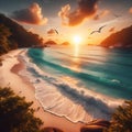 Tranquil Sunset Over Serene Tropical Beach With Gentle Waves and Soaring Seabirds