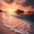 Tranquil Sunset Over Serene Tropical Beach With Gentle Waves and Soaring Seabirds