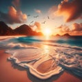 Tranquil Sunset Over Serene Tropical Beach With Gentle Waves and Soaring Seabirds