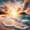 Tranquil Sunset Over Serene Tropical Beach With Gentle Waves and Soaring Seabirds