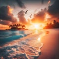 Tranquil Sunset Over Serene Tropical Beach With Gentle Waves and Soaring Seabirds