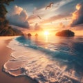 Tranquil Sunset Over Serene Tropical Beach With Gentle Waves and Soaring Seabirds