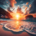 Tranquil Sunset Over Serene Tropical Beach With Gentle Waves and Soaring Seabirds